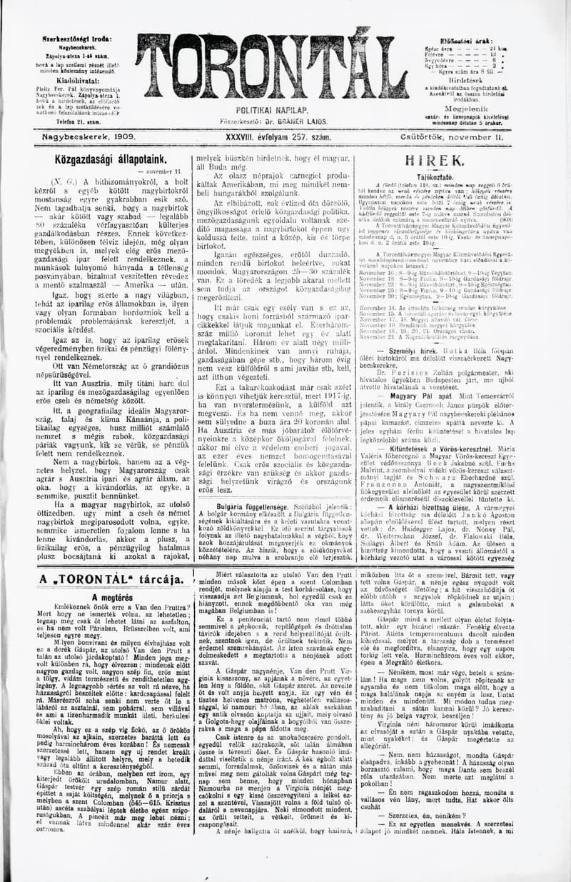 Torontál, 38. évf. 1909. november 11. 257. sz.