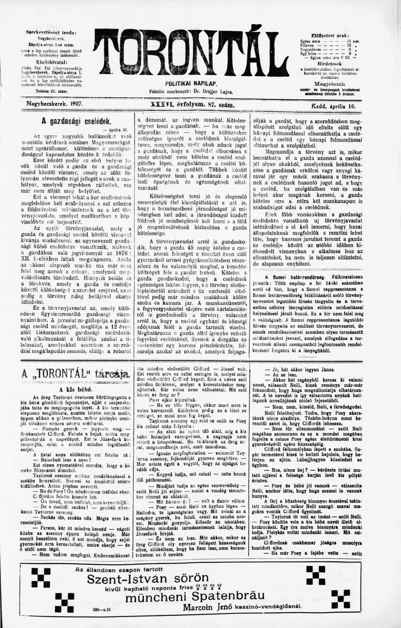 Torontál, 36. évf. 1907. április 16. 87. sz.