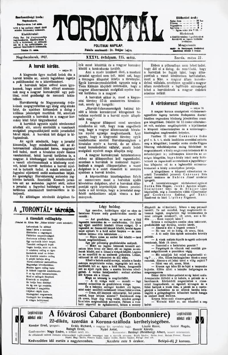 Torontál, 36. évf. 1907. május 22. 115. sz.