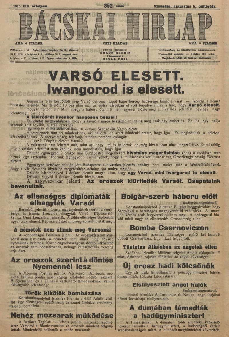 Bácskai Hirlap, 19. évf. 1915. augusztus 5. 353. sz.