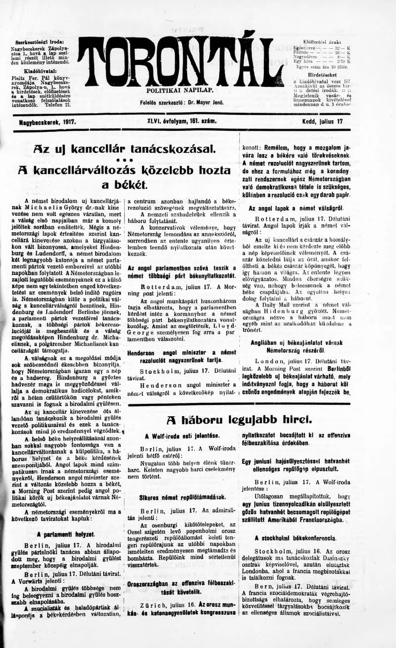 Torontál, 46. évf. 1917. július 17. 161. sz.
