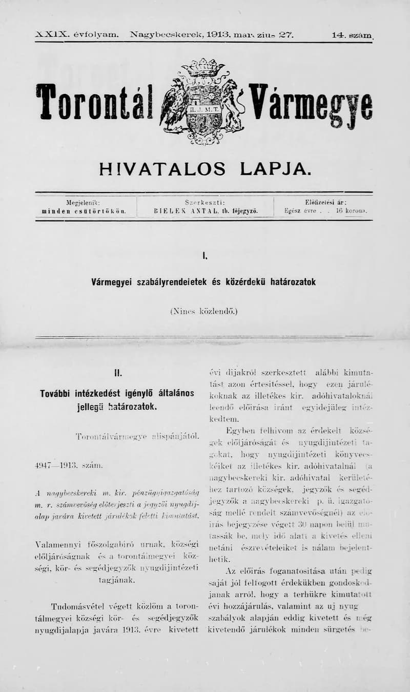 Torontál Vármegye Hivatalos Lapja, 29. évf. 1913. március 27. 14. sz.
