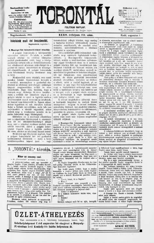Torontál, 34. évf. 1905. augusztus 1. 173. sz.