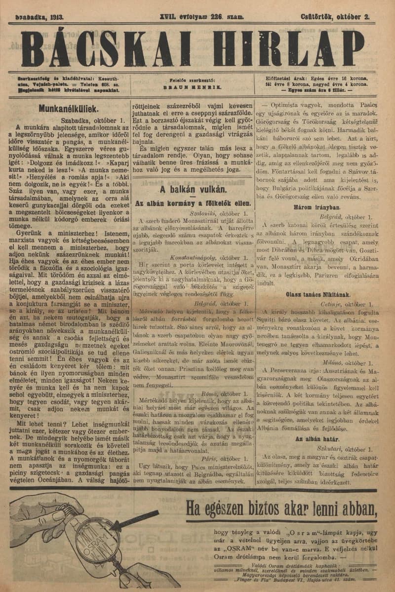 Bácskai Hirlap, 17. évf. 1913. október 2. 226. sz.
