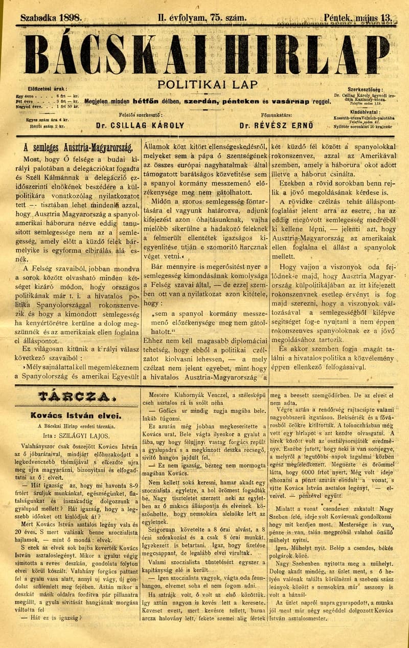 Bácskai Hirlap, 2. évf. 1898. május 13. 75. sz. 1–4. oldal