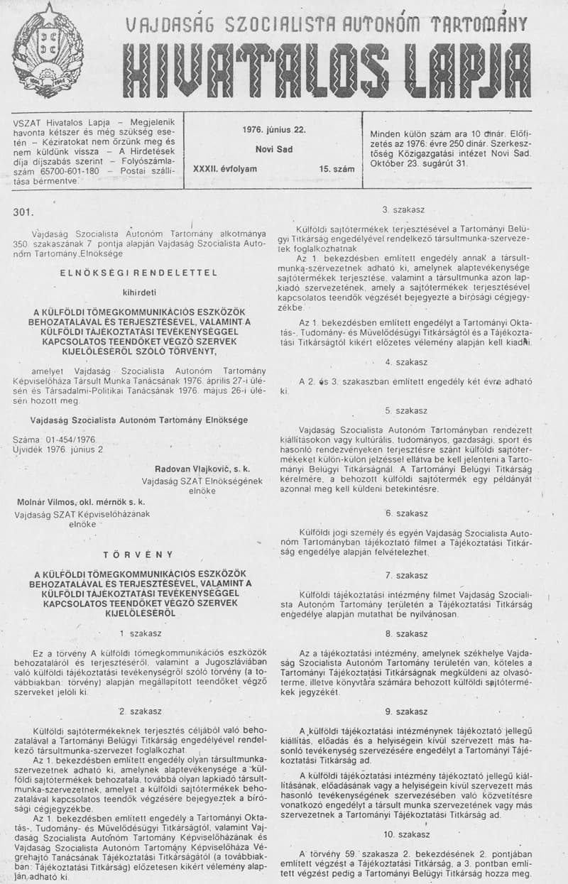 Vajdaság Szocialista Autonóm Tartomány Hivatalos Lapja, 32. évf. 1976. június 22. 15. sz. 465–488. oldal