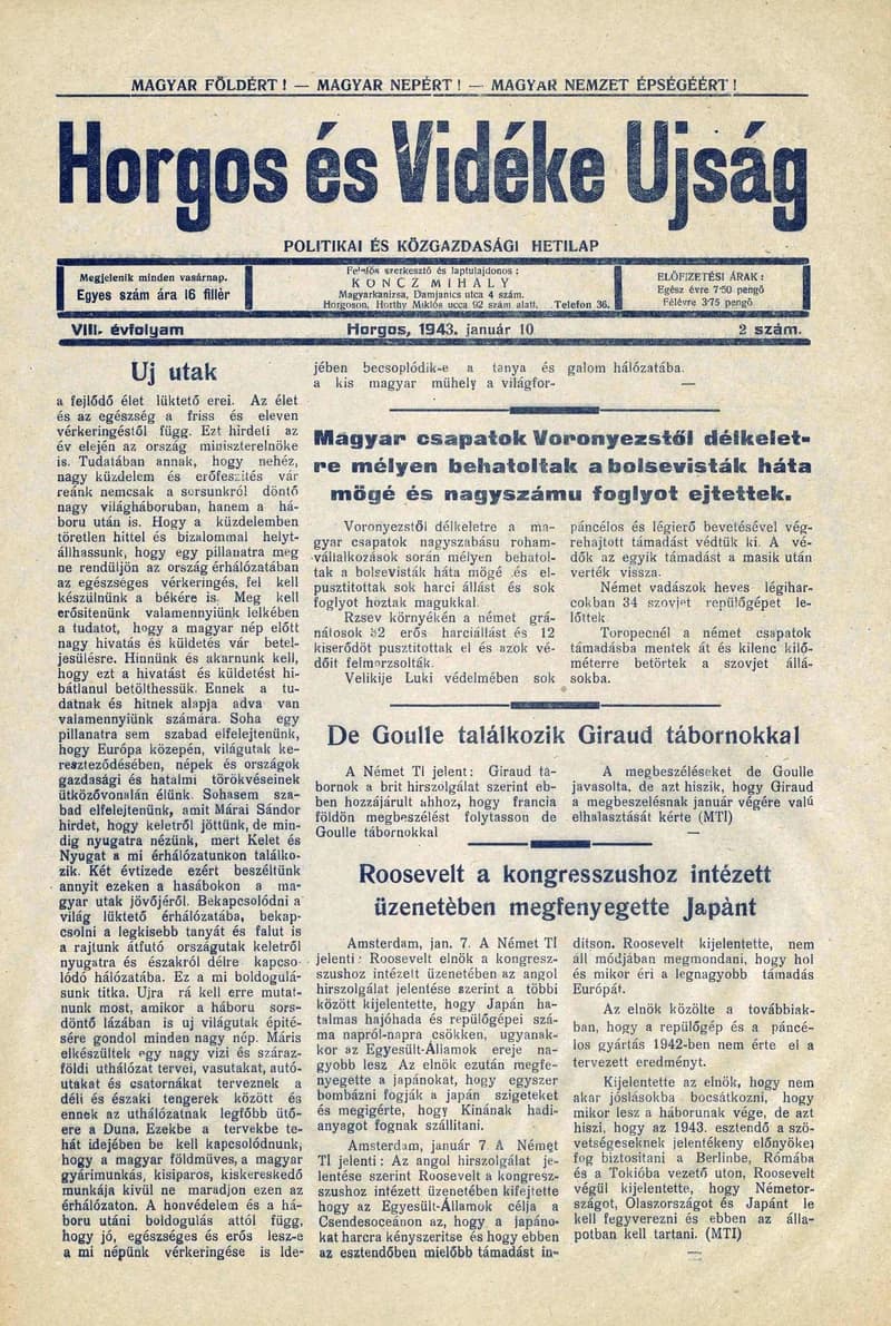 Horgos és vidéke, 8. évf. 1943. január 10. 2. sz.