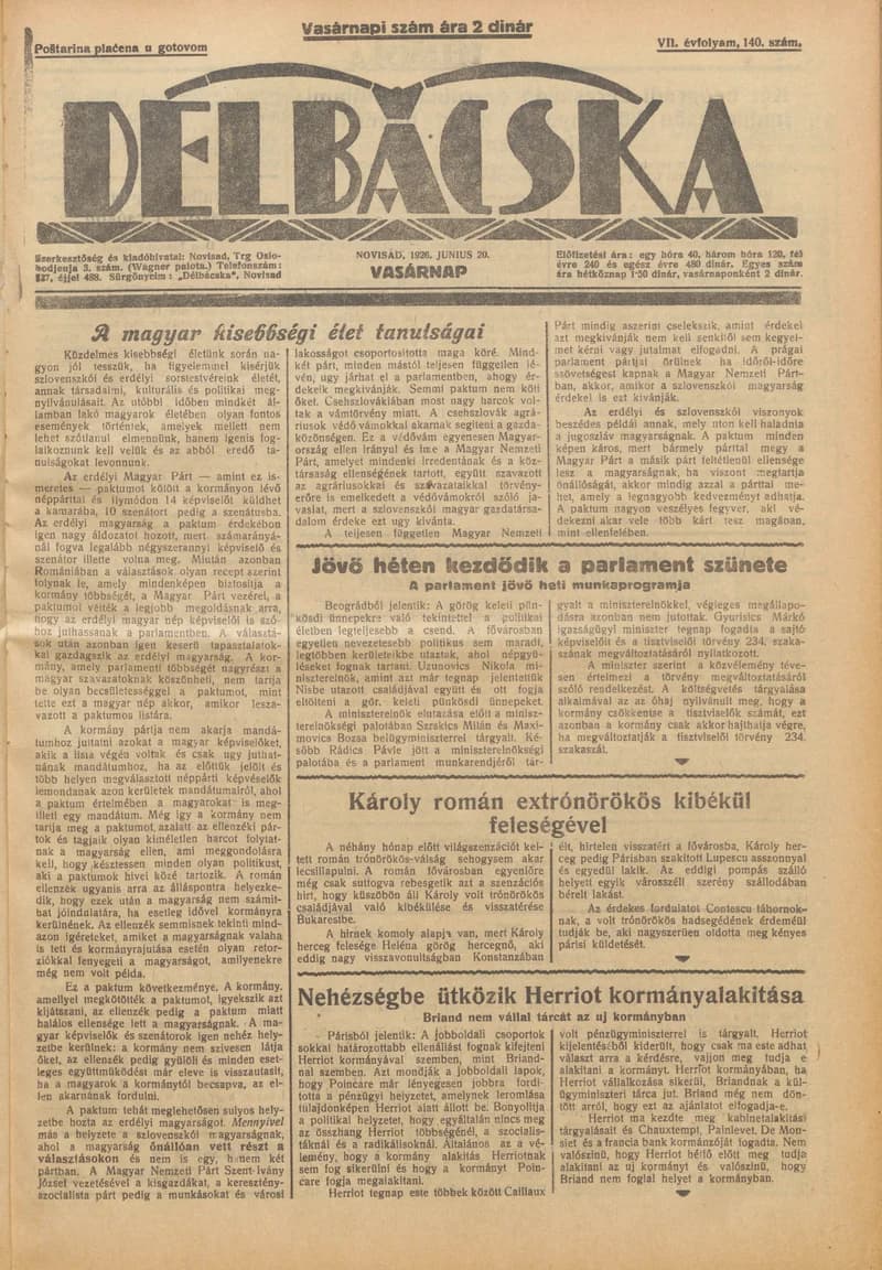 Délbácska, 7. évf. 1926. június 20. 140. sz.
