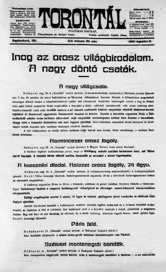 Torontál, 43. évf. 1914. augusztus 31. 196. sz.