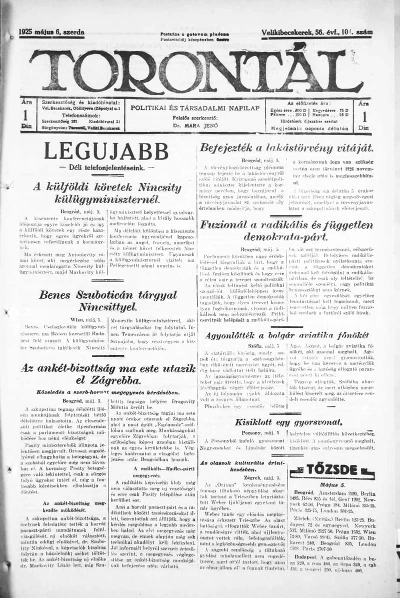Torontál, 54. évf. 1925. május 6. 101. sz.