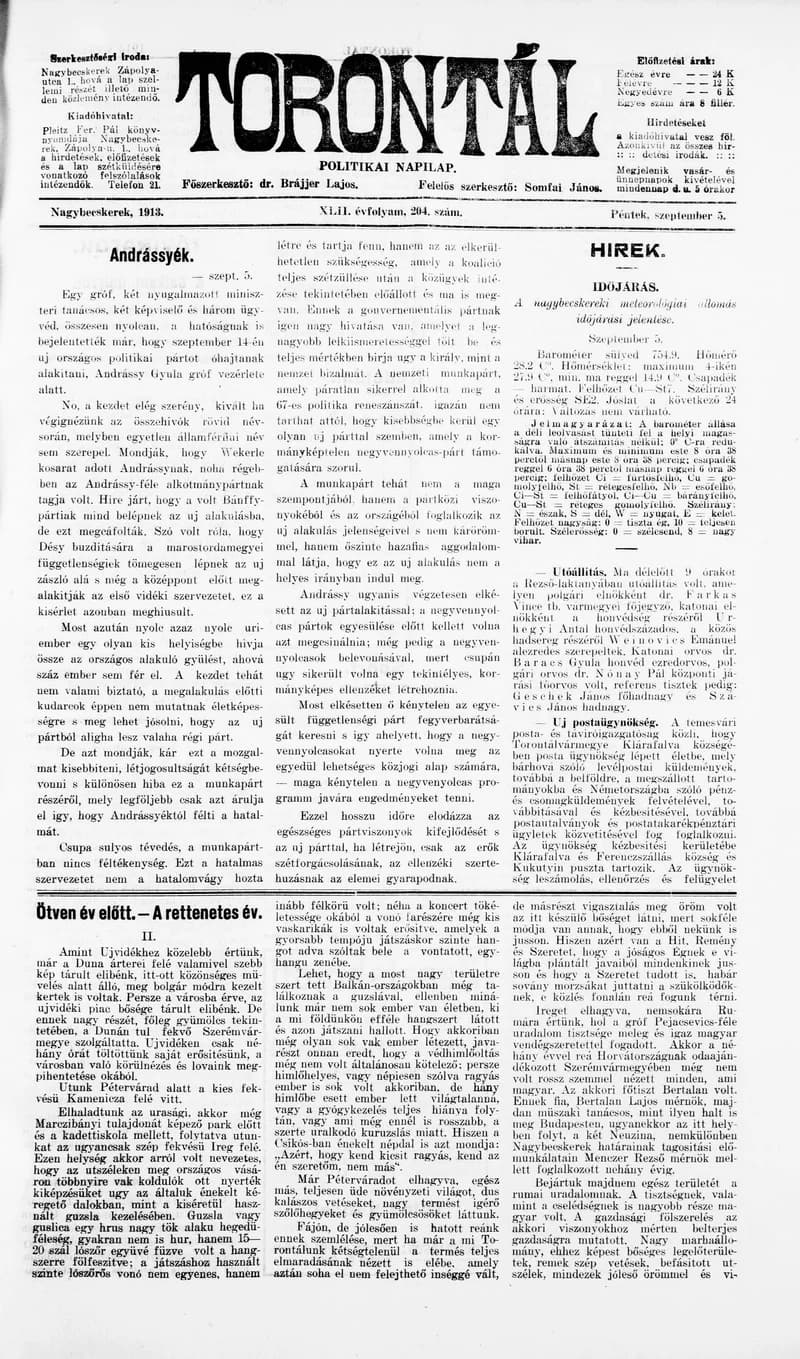 Torontál, 42. évf. 1913. szeptember 5. 204. sz.