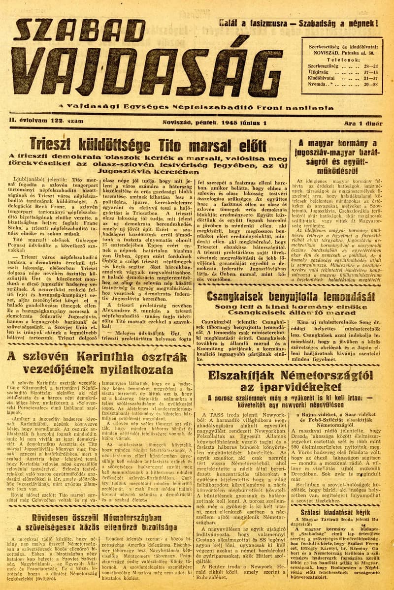 Szabad Vajdaság, 2. évf. 1945. június 1. 122. sz.