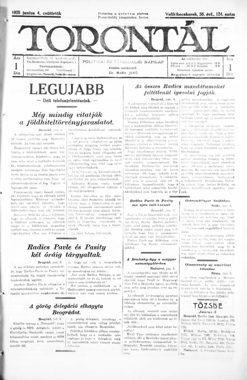Torontál, 54. évf. 1925. június 4. 124. sz.