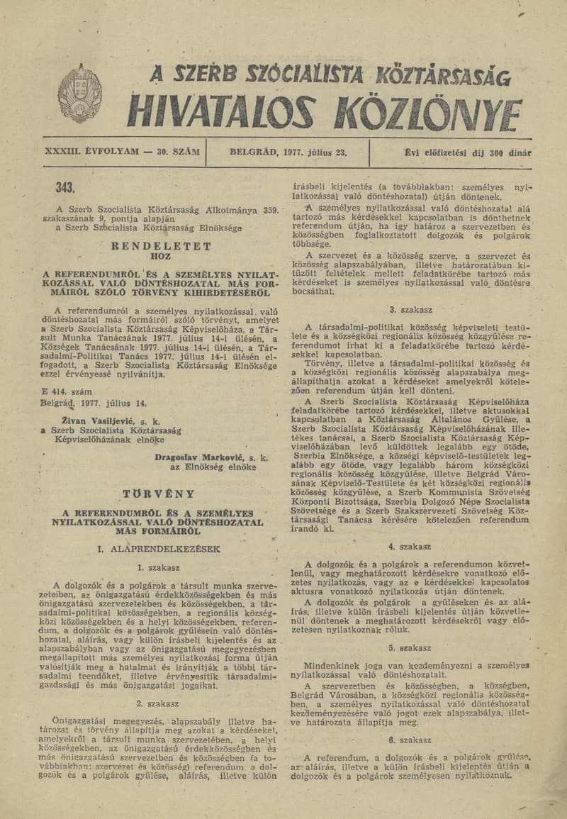 A Szerb Szocialista Köztársaság Hivatalos Közlönye, 33. évf. 1977. július 23. 30. sz. 1643–1650. oldal