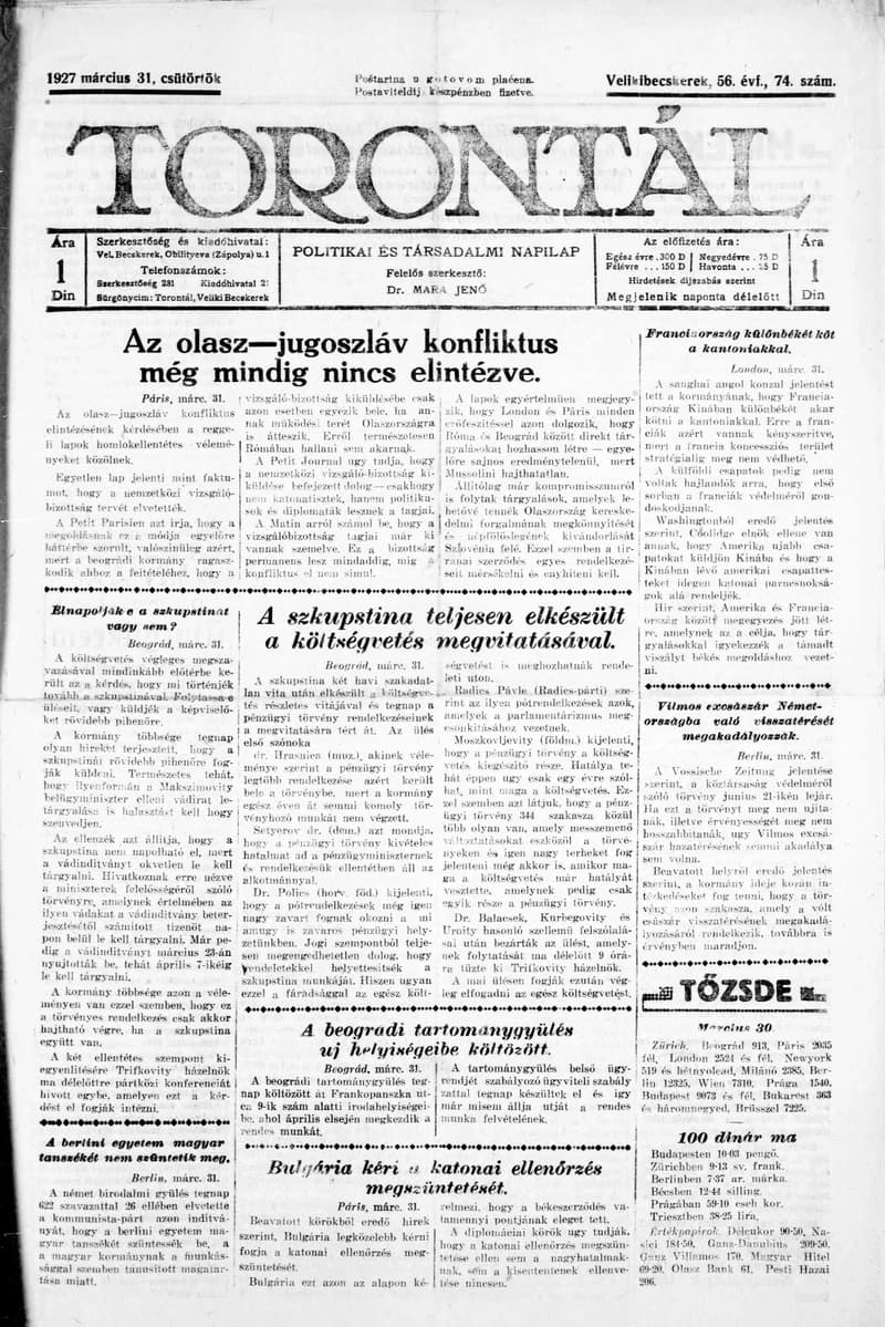 Torontál, 56. évf. 1927. március 31. 74. sz.