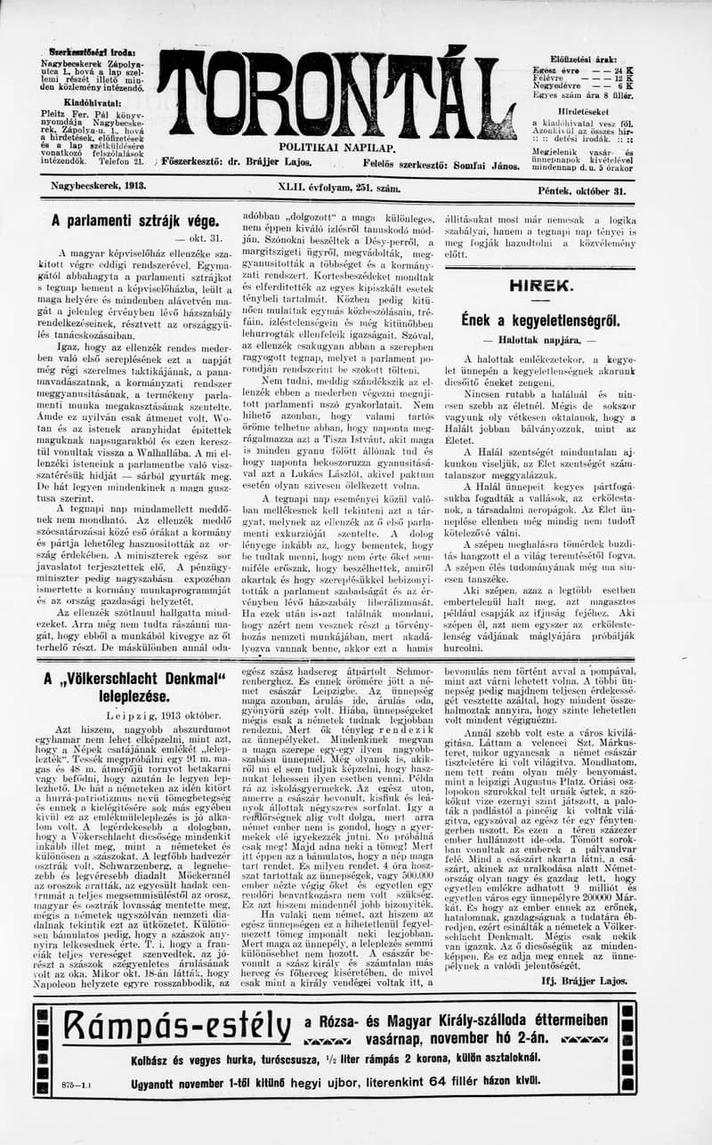 Torontál, 42. évf. 1913. október 31. 251. sz.