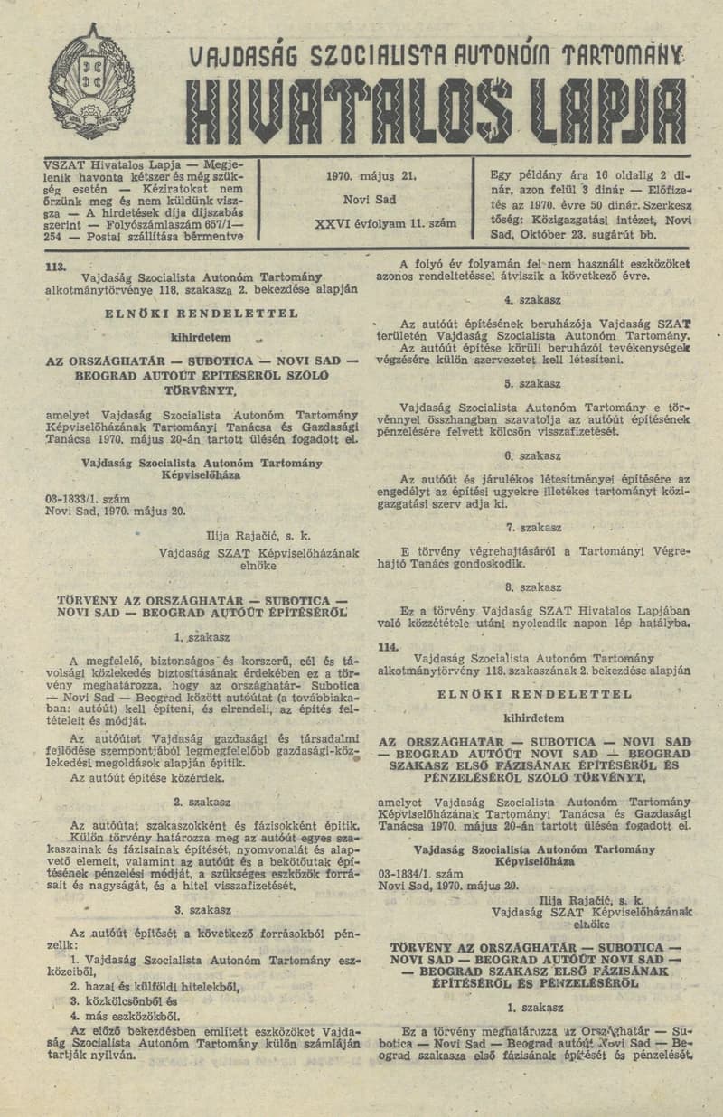 Vajdaság Szocialista Autonóm Tartomány Hivatalos Lapja, 26. évf. 1970. május 21. 11. sz. 129–130. oldal