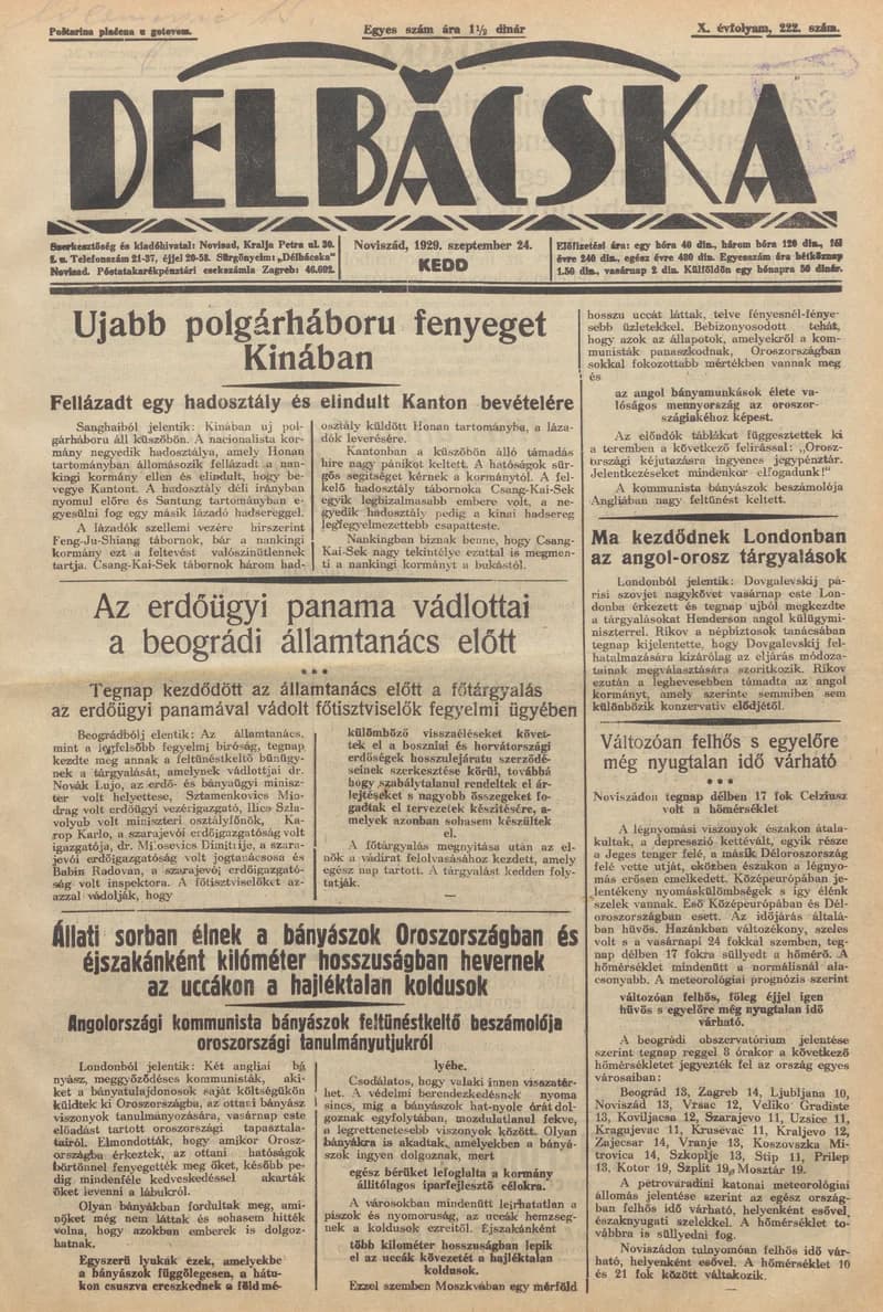 Délbácska, 10. évf. 1929. szeptember 24. 222. sz.