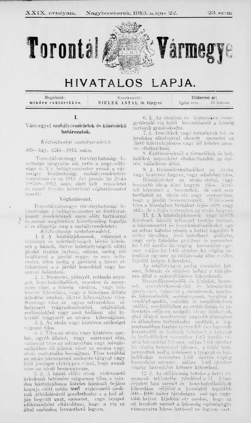 Torontál Vármegye Hivatalos Lapja, 29. évf. 1913. május 22. 23. sz.