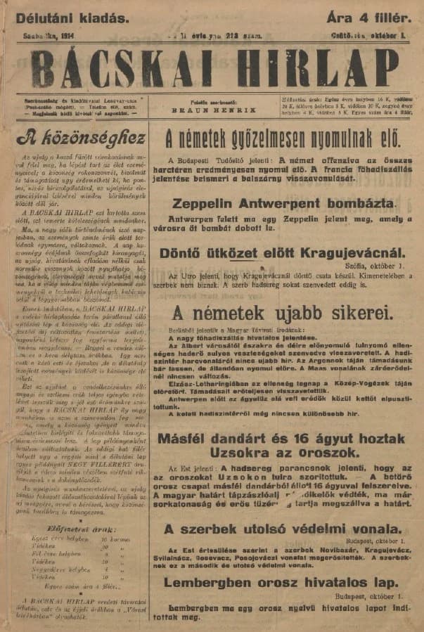 Bácskai Hirlap, 18. évf. 1914. október 1. 223. sz.