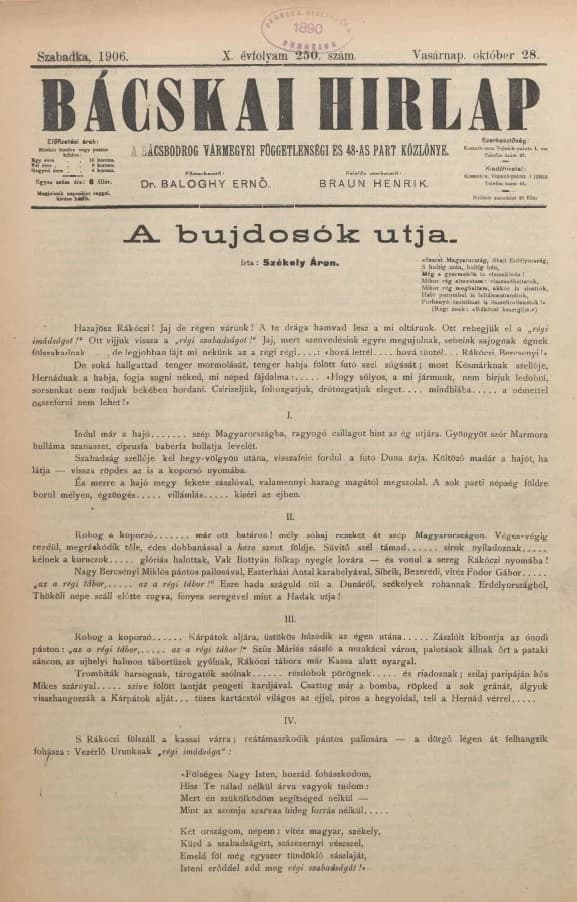 Bácskai Hirlap, 10. évf. 1906. október 28. 250. sz.