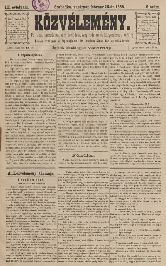 Közvélemény, 3. évf. 1888. február 26. 9. sz.