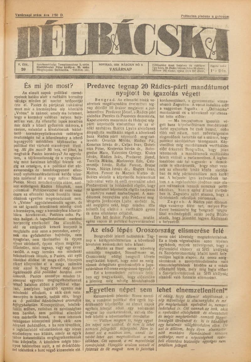 Délbácska, 5. évf. 1924. március 9. 59. sz.
