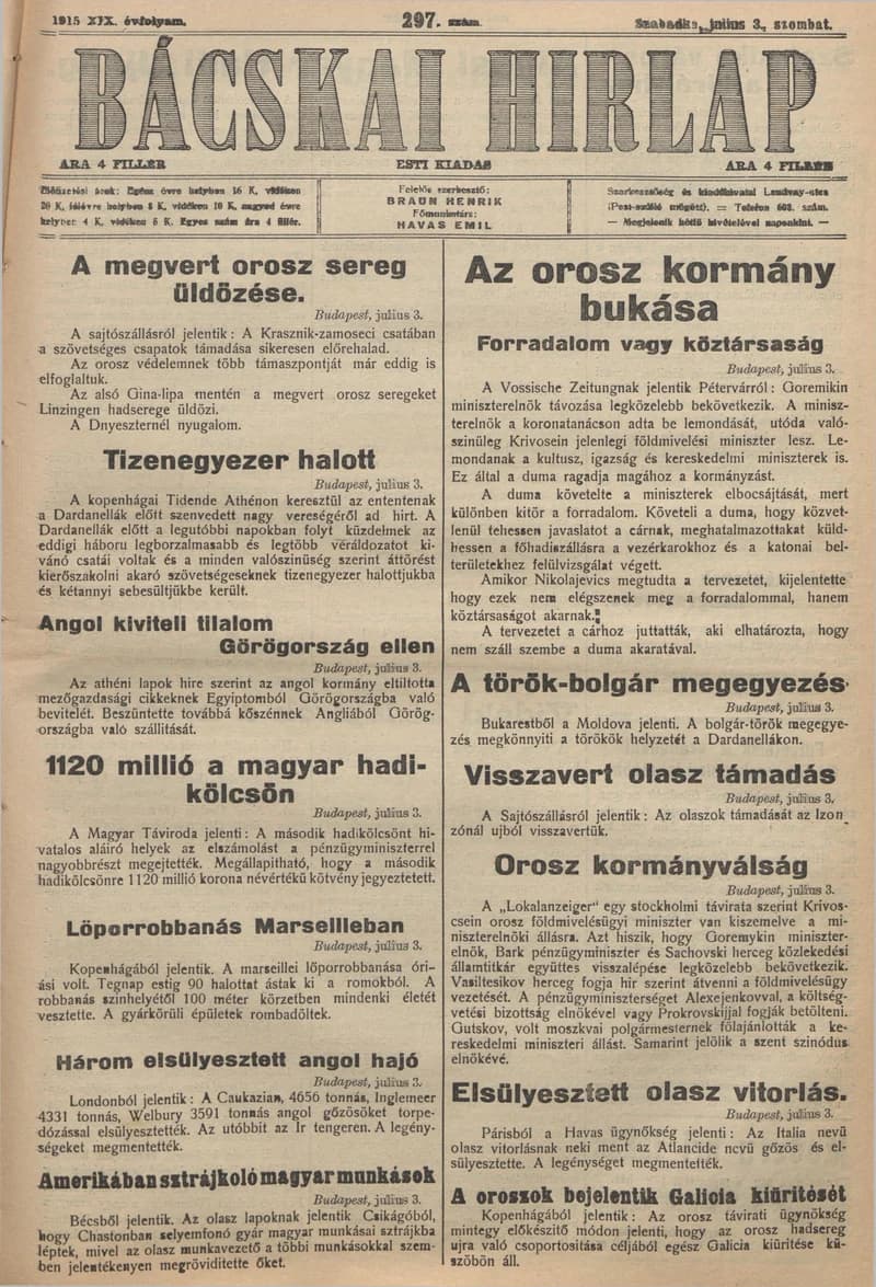 Bácskai Hirlap, 19. évf. 1915. július 3. 297. sz.