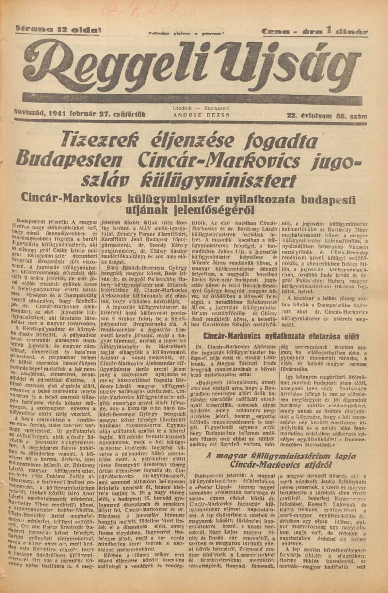 Reggeli Újság, 22. évf. 1941. február 27. 58. sz.