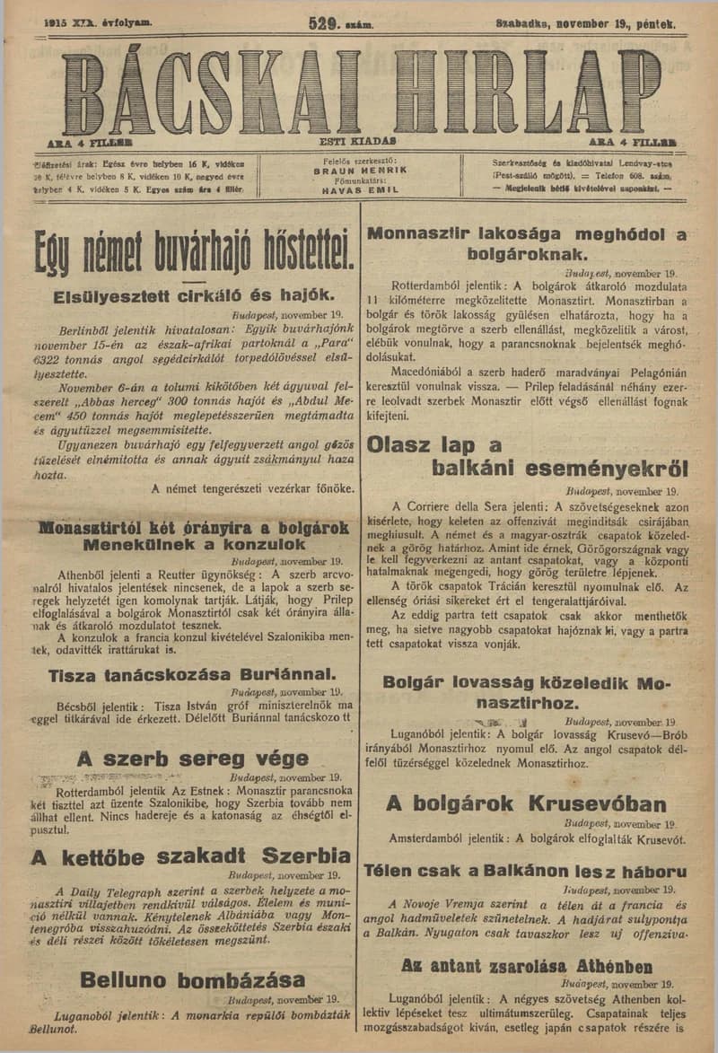 Bácskai Hirlap, 19. évf. 1915. november 19. 529. sz.