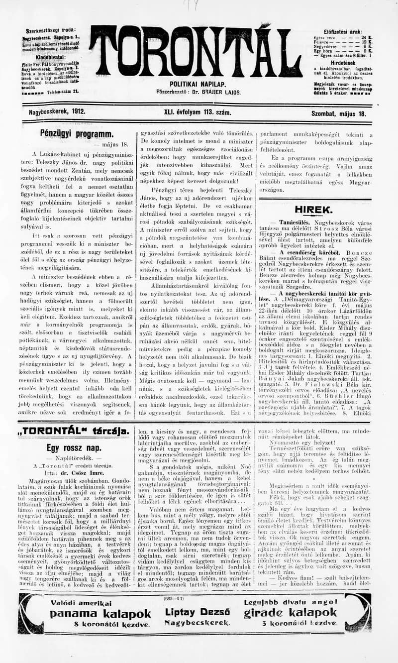 Torontál, 41. évf. 1912. május 18. 113. sz.