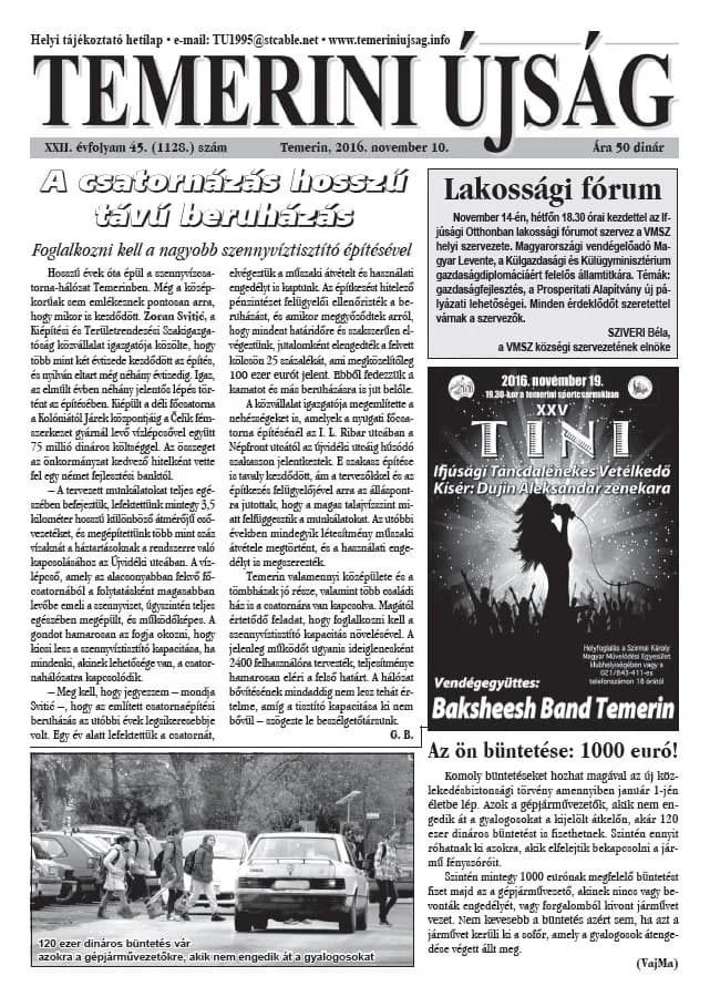Temerini Újság, 22. évf. 2016. november 10. 45. sz.