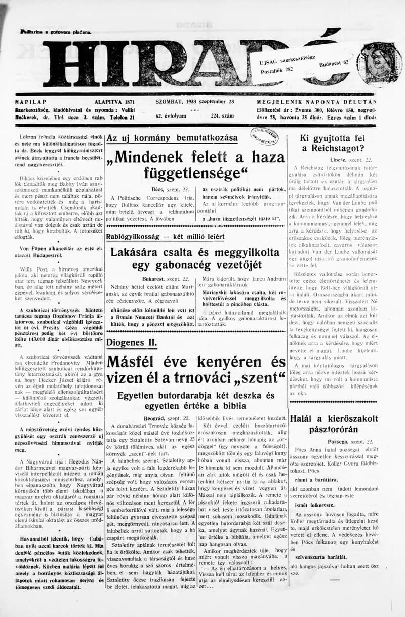 Híradó, 62. évf. 1933. szeptember 23. 224. sz.