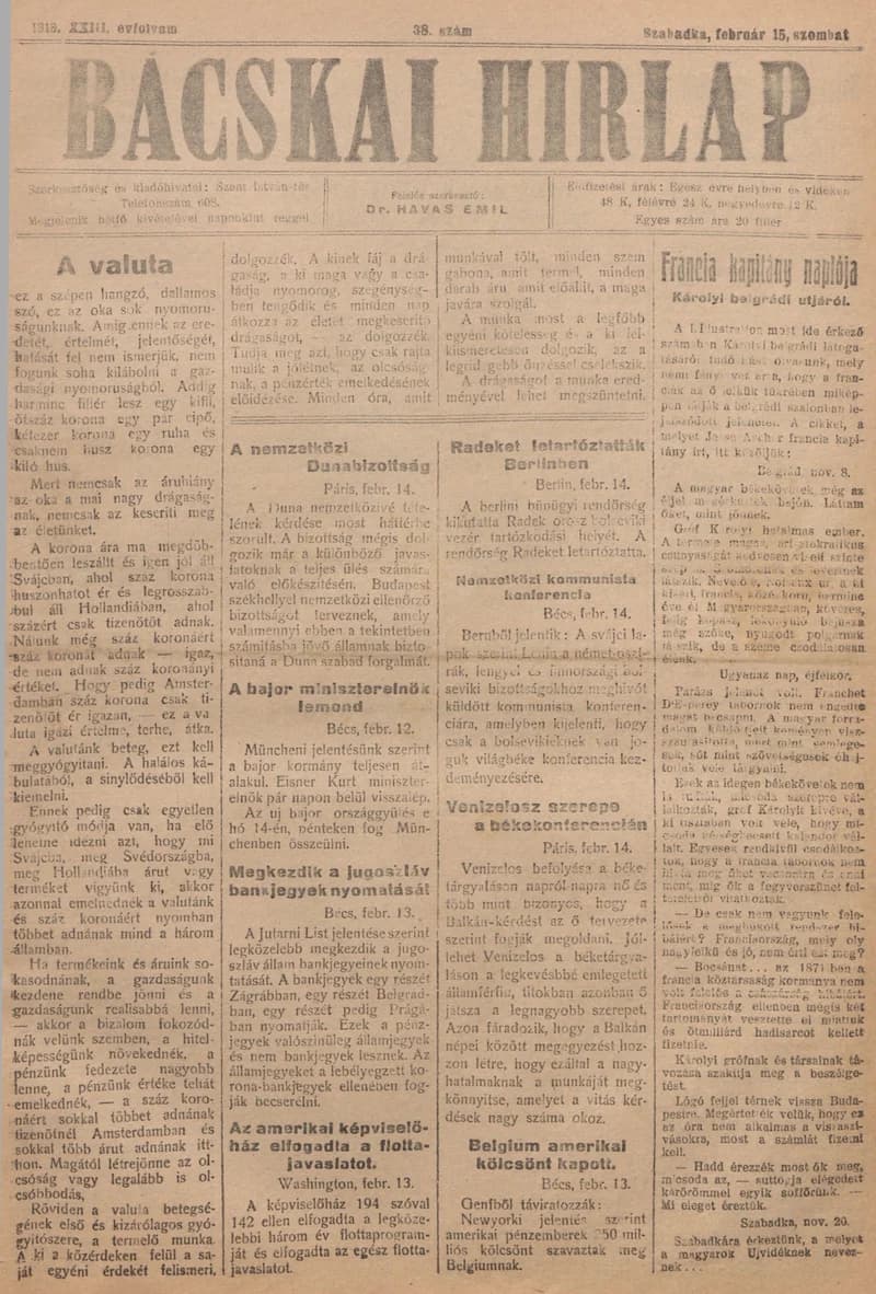 Bácskai Hirlap, 23. évf. 1919. február 15. 38. sz.