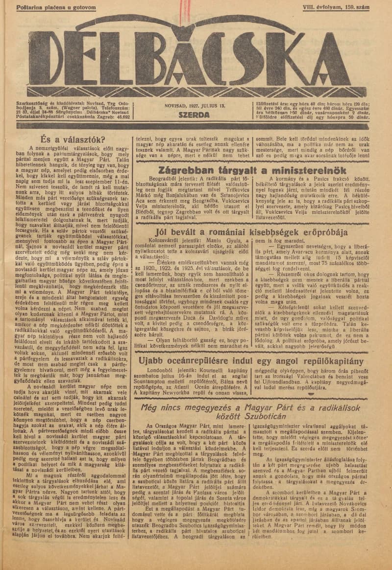 Délbácska, 8. évf. 1927. július 13. 159. sz.
