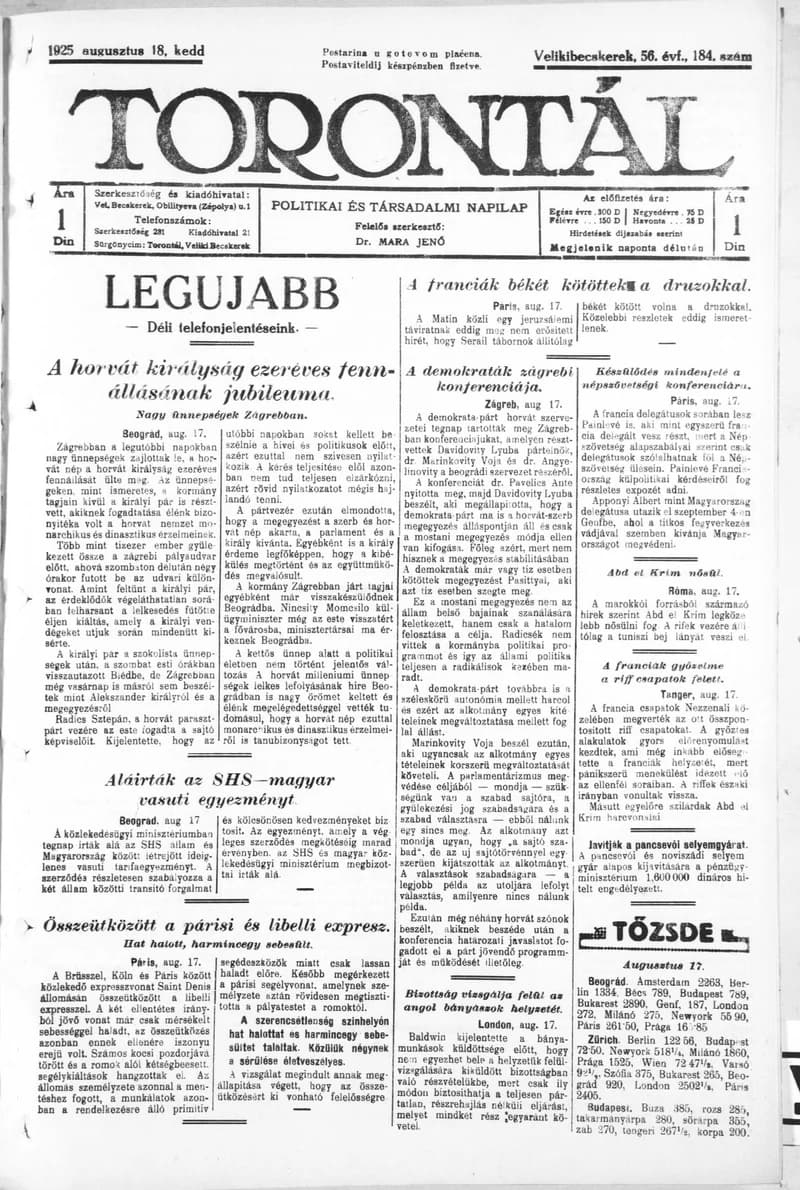 Torontál, 54. évf. 1925. augusztus 18. 184. sz.