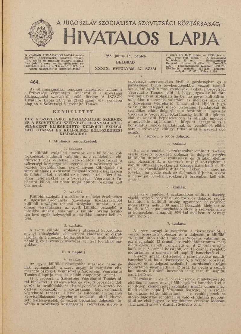 A Jugoszláv Szocialista Szövetségi Köztársaság Hivatalos Lapja, 39. évf. 1983. július 15. 37. sz. 1041–1060. oldal