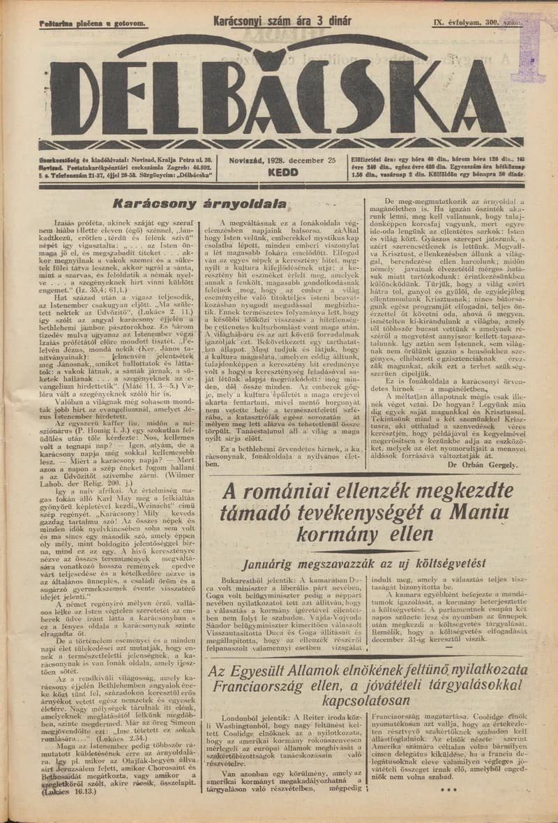 Délbácska, 9. évf. 1928. december 25. 300. sz.