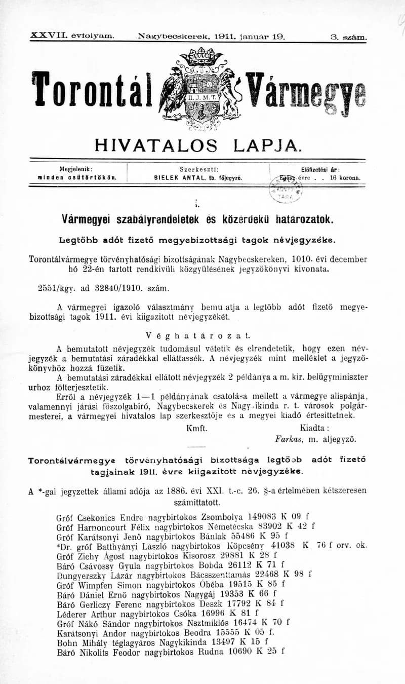 Torontál Vármegye Hivatalos Lapja, 27. évf. 1911. január 19. 3. sz.