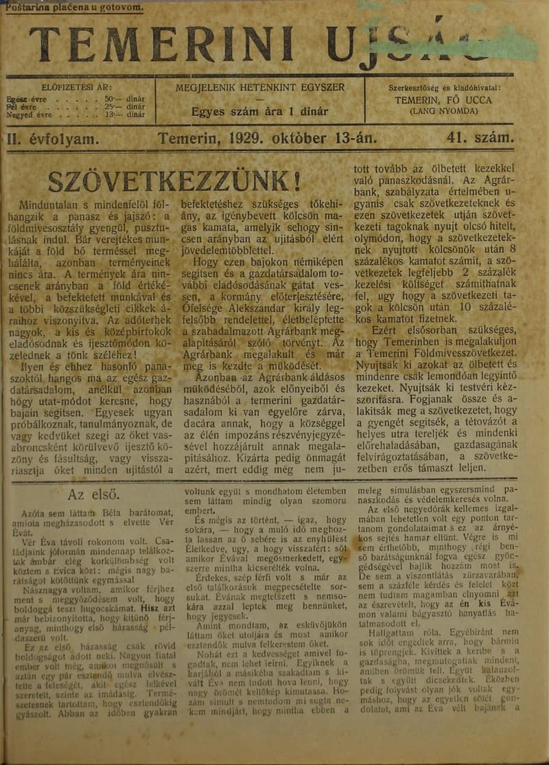 Temerini Újság 1928-1944, 2. évf. 1929. október 13. 41. sz.