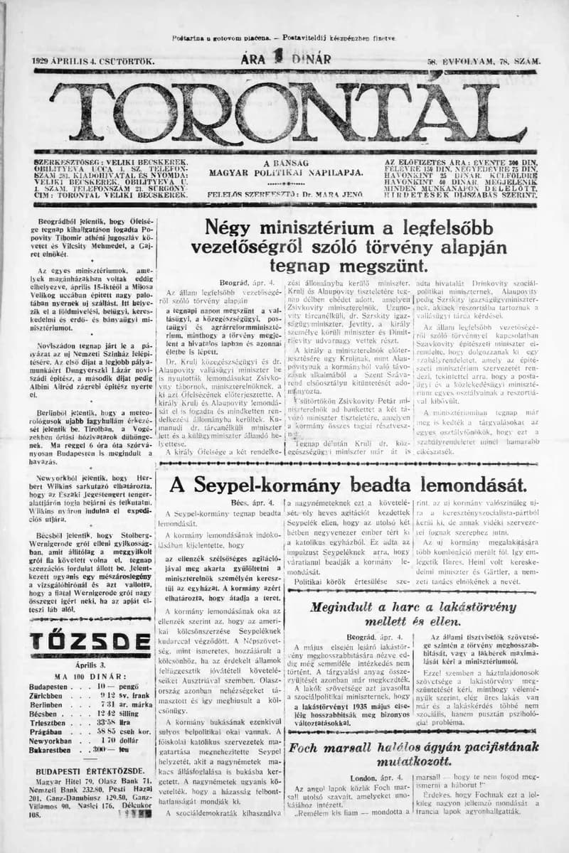 Torontál, 58. évf. 1929. április 4. 78. sz.
