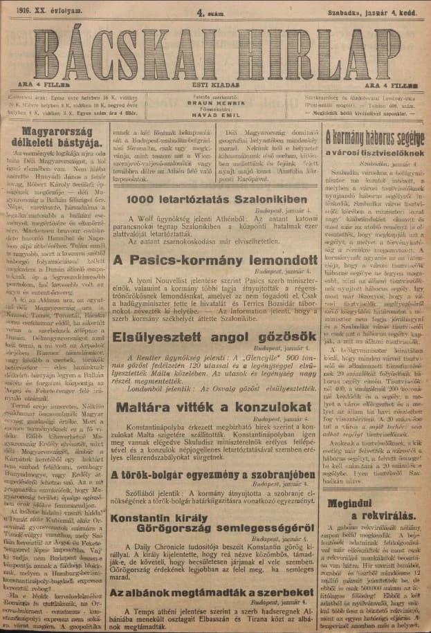Bácskai Hirlap, 20. évf. 1916. január 4. 4. sz.