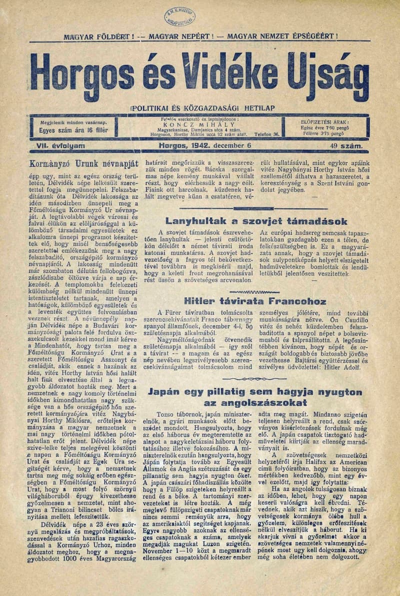 Horgos és vidéke, 7. évf. 1942. december 6. 49. sz.