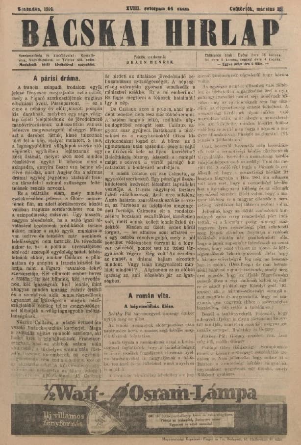 Bácskai Hirlap, 18. évf. 1914. március 19. 64. sz.