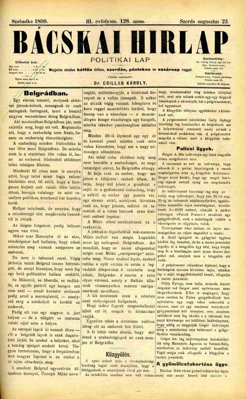 Bácskai Hirlap, 3. évf. 1899. augusztus 23. 128. sz.