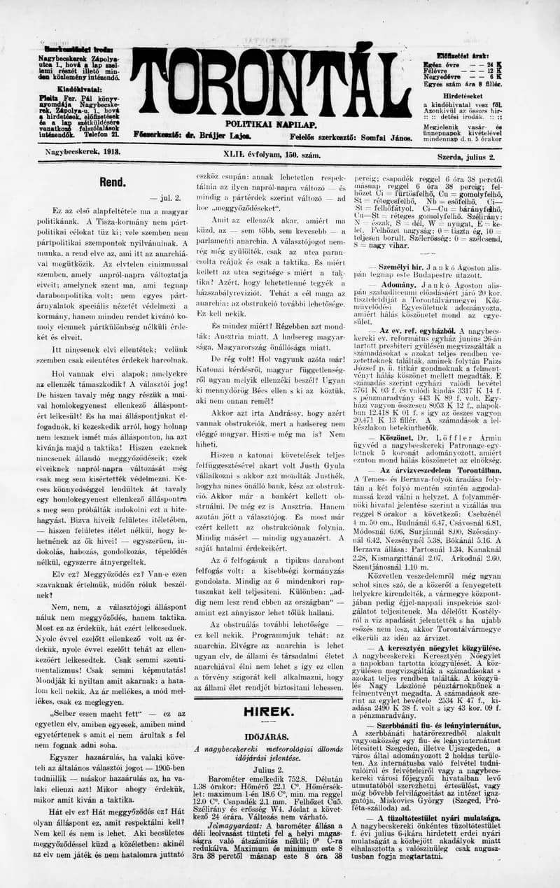 Torontál, 42. évf. 1913. július 2. 150. sz.