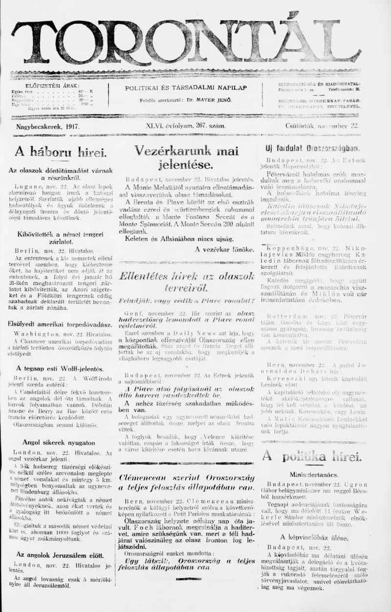 Torontál, 46. évf. 1917. november 22. 267. sz.