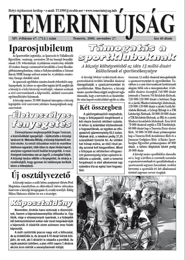 Temerini Újság, 14. évf. 2008. november 27. 47. sz.