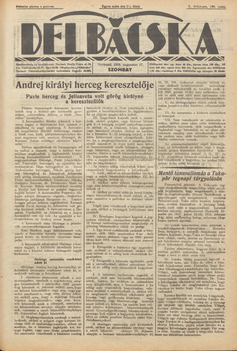 Délbácska, 10. évf. 1929. augusztus 17. 190. sz.
