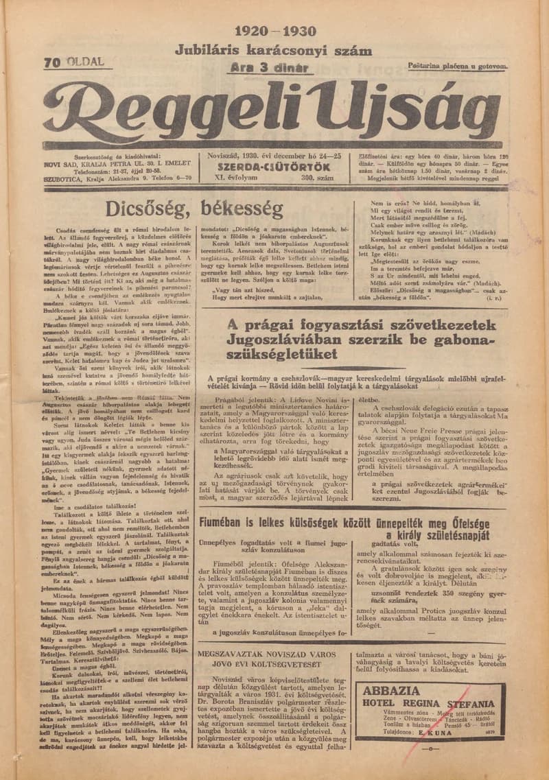Reggeli Újság, 11. évf. 1930. december 24. – 25. 300. sz.